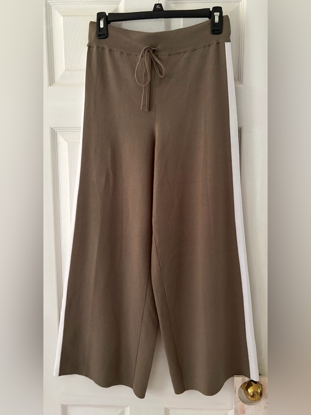 Crescent Taupe Wide-Leg Track Pants with White Side Stripes